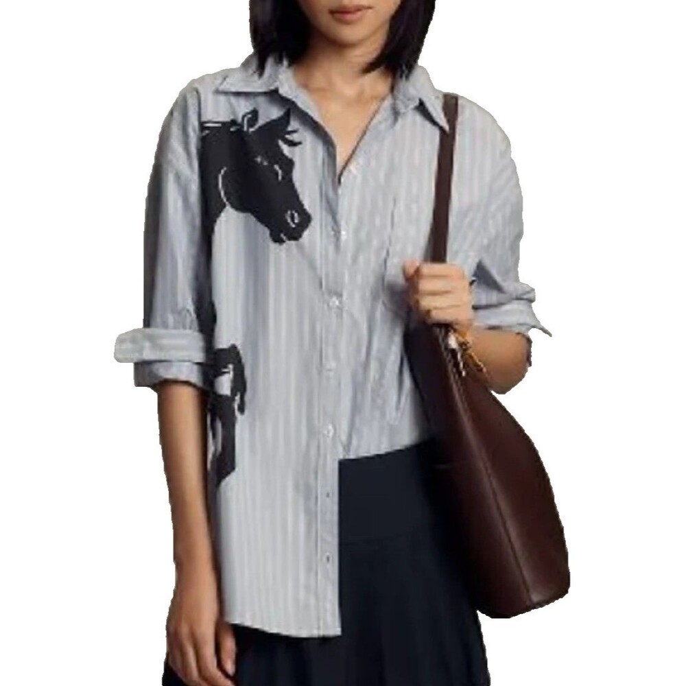 Maeve Light Gray Striped Button-Down Shirt with Black Horse Print
